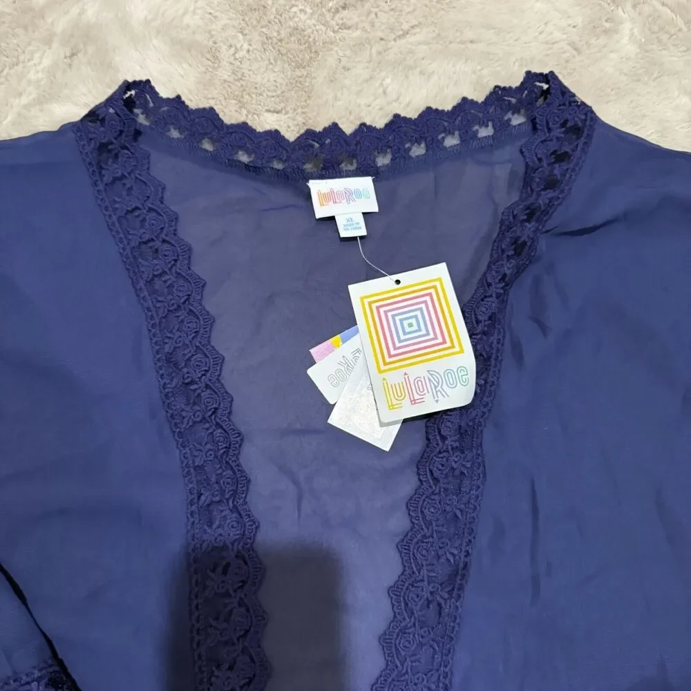 NWT‎ LuLaRoe Kimono Cardigan Navy Blue Lace Trim Open Front XL Lightweight Boho